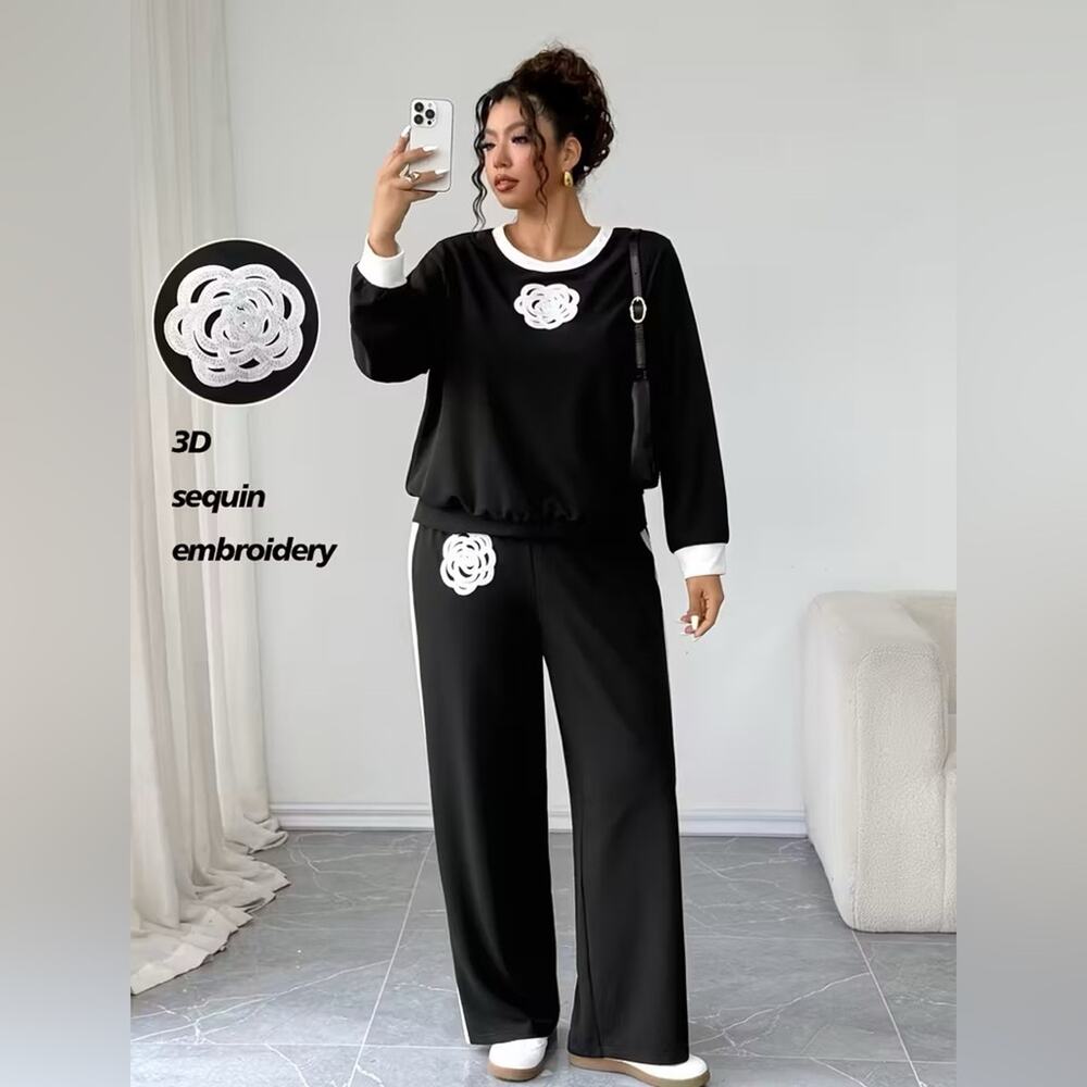 Black & White 3D Sequin Camellia Flower Pantsuit - Picture 3 of 15